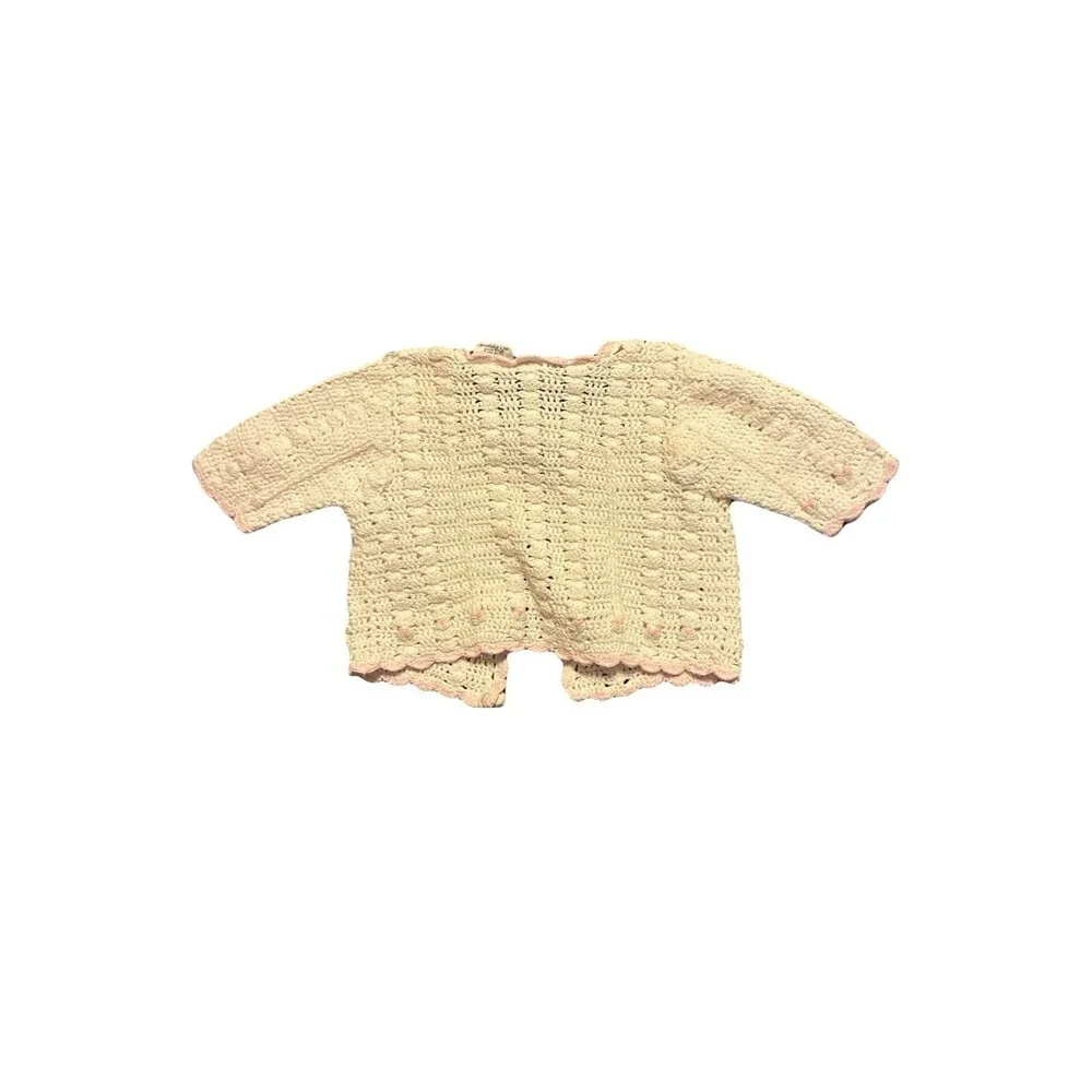 Rose Cottage Baby Girls Crochet Cardigan Sweater Ivory Pink 3-6 Months Vintage